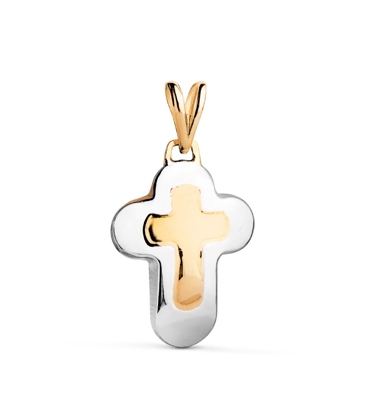 Croix en or bicolore 18 carats, forme arrondie, 25 mm - Pendentif croix  moderne femme.
