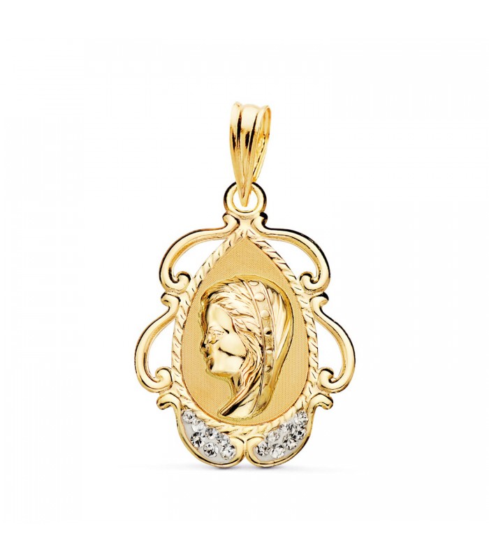 Medaglia Madonnina oro 14Kt zirconi 22mm - Regalo per le battesimo o la Prima Comunione di una bambina