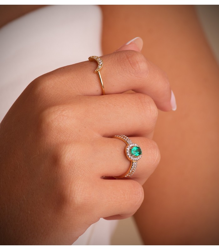 Halo-Ring mit Smaragd und Zirkonia, aus 18K Weiß- und Gelbgold | Damenring „Gianella“
