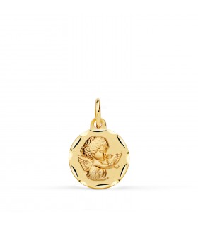 Médaille de baptême avec ange gardien et colombe, or 18 carats, 12 mm