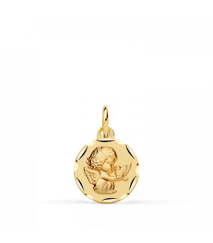 Medaglia da battesimo con angelo custode e colomba, finitura lavorata, in oro giallo 18kt, 12 mm.