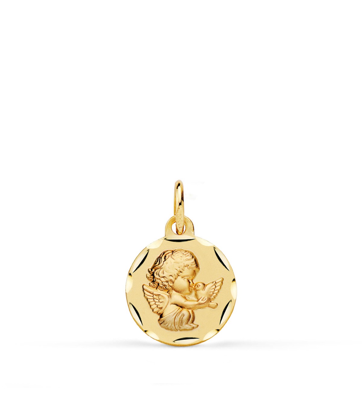 Medaglia da battesimo con angelo custode e colomba, finitura lavorata, in oro giallo 18kt, 12 mm.