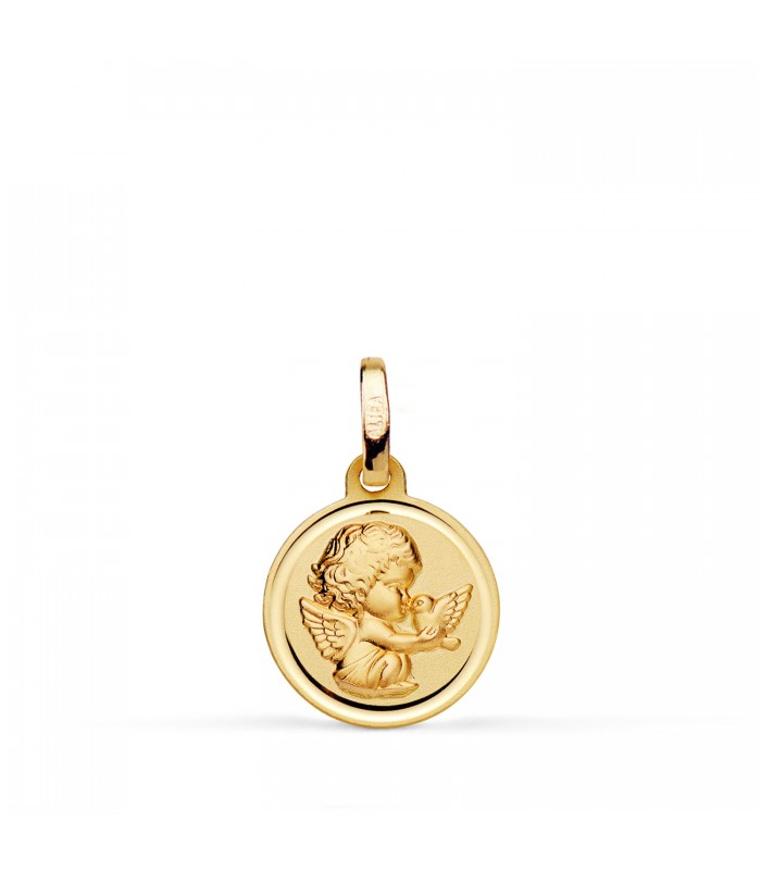 Medalla de bautizo con angelito de la guarda y paloma (Espíritu Santo), en Oro 18K 12mm