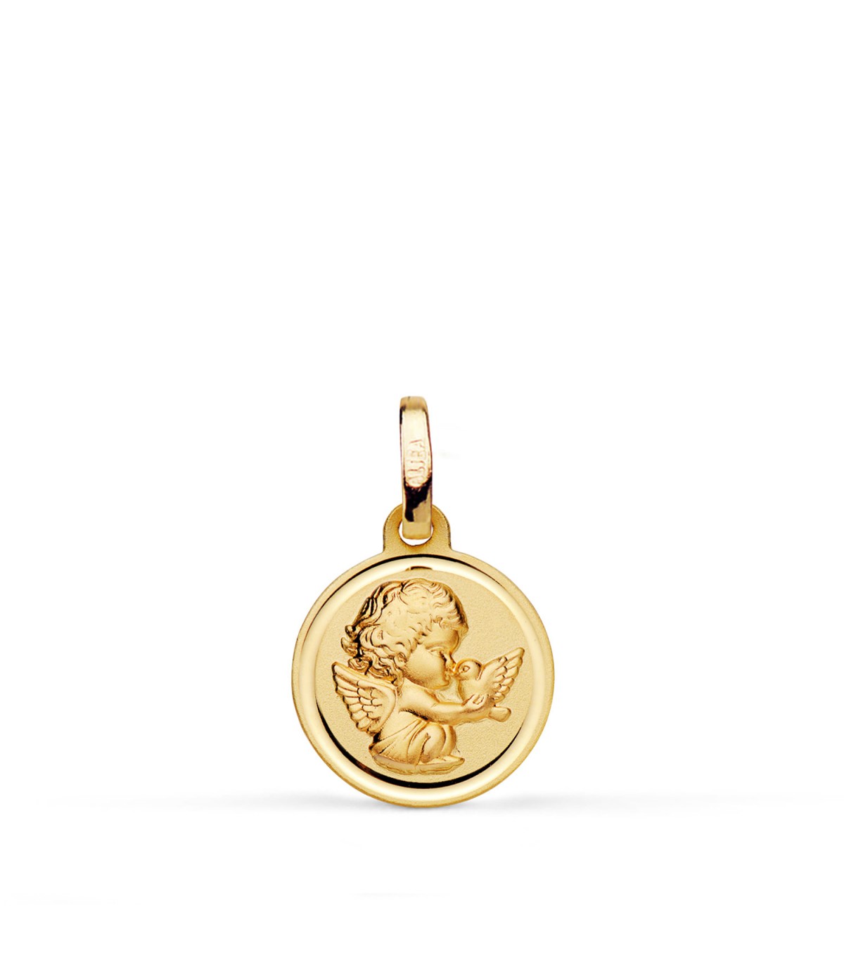 Médaille de baptême avec un petit ange gardien et une colombe (Saint-Esprit), en or 18 carats, 12 mm