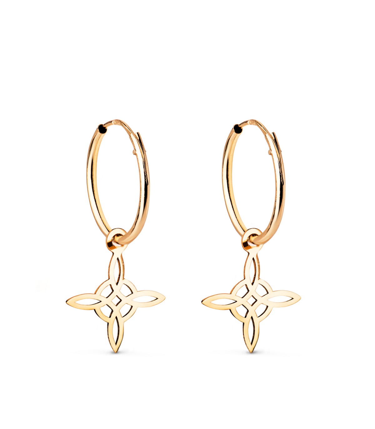Boucles d'oreilles créoles avec pendentif « Nœud de sorcière », or jaune 18 carats, 12 mm | Créoles en or ALDA