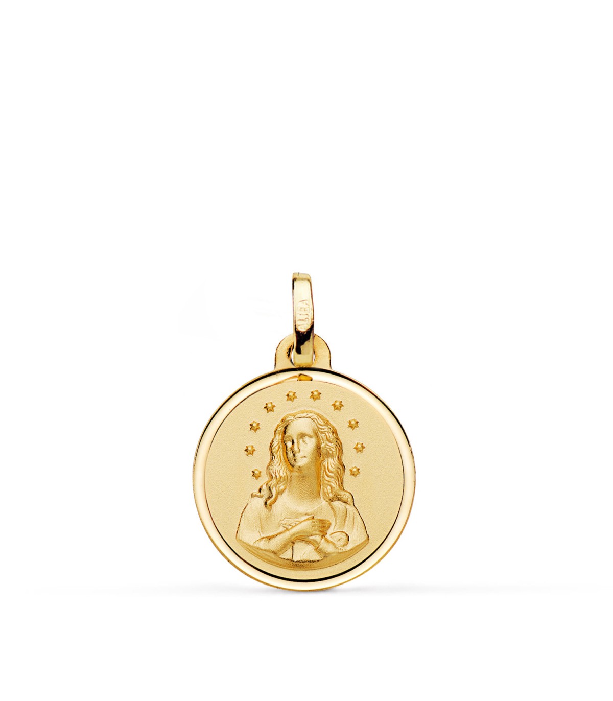 Inmaculada Concepción, Medalla religiosa de la Virgen en oro amarillo 18k, 16 mm, con grabado.