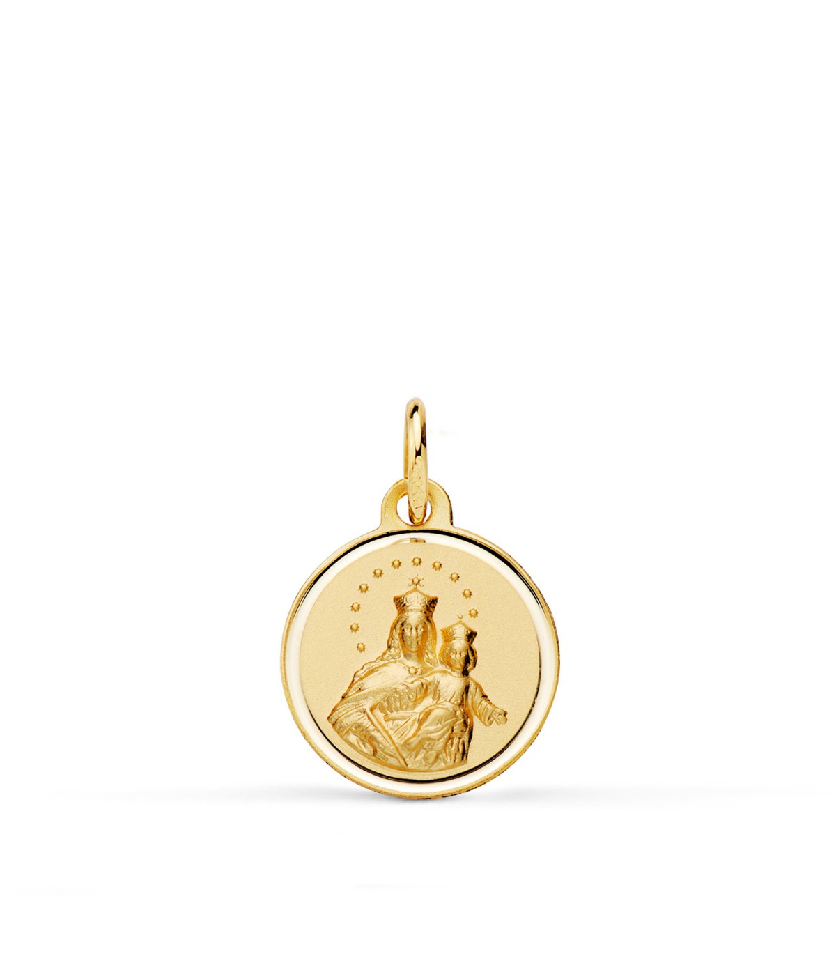 Medalla de oro María Auxiliadora 14mm, 18 kilates, con reverso liso para grabar, ideal mujer.
