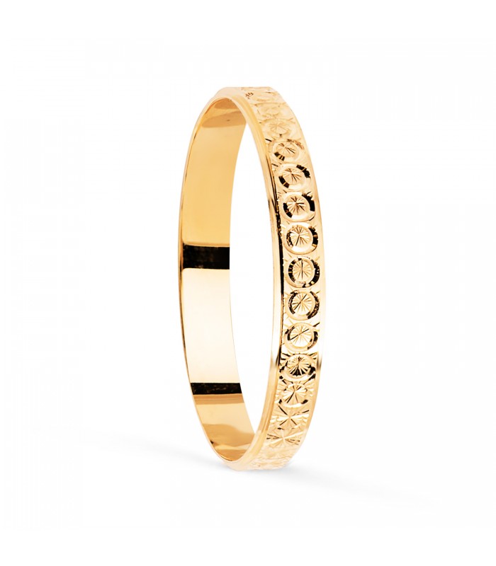 Alianza de boda en oro amarillo de 18 kts, Sorrento 2,5 mm, diseño plano y diamantado