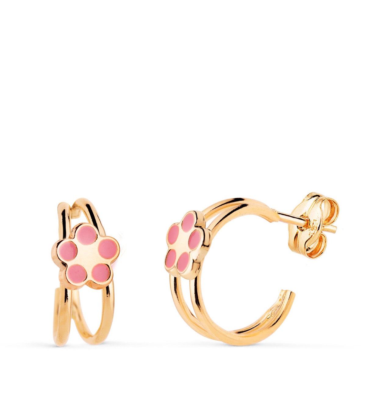 Orecchini a cerchio per bambina, con motivo a fiore smaltata in rosa, oro 18 carati.
