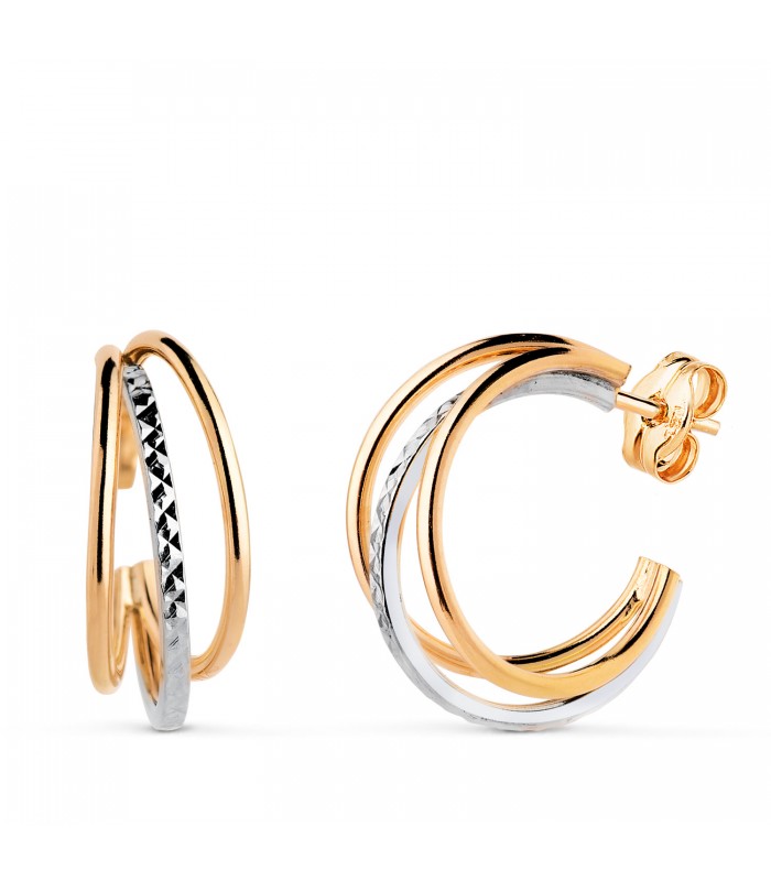 Boucles d'oreilles créoles à trois fils, 2 ors 750, modèle Kenza 16 mm - Bijoux femme