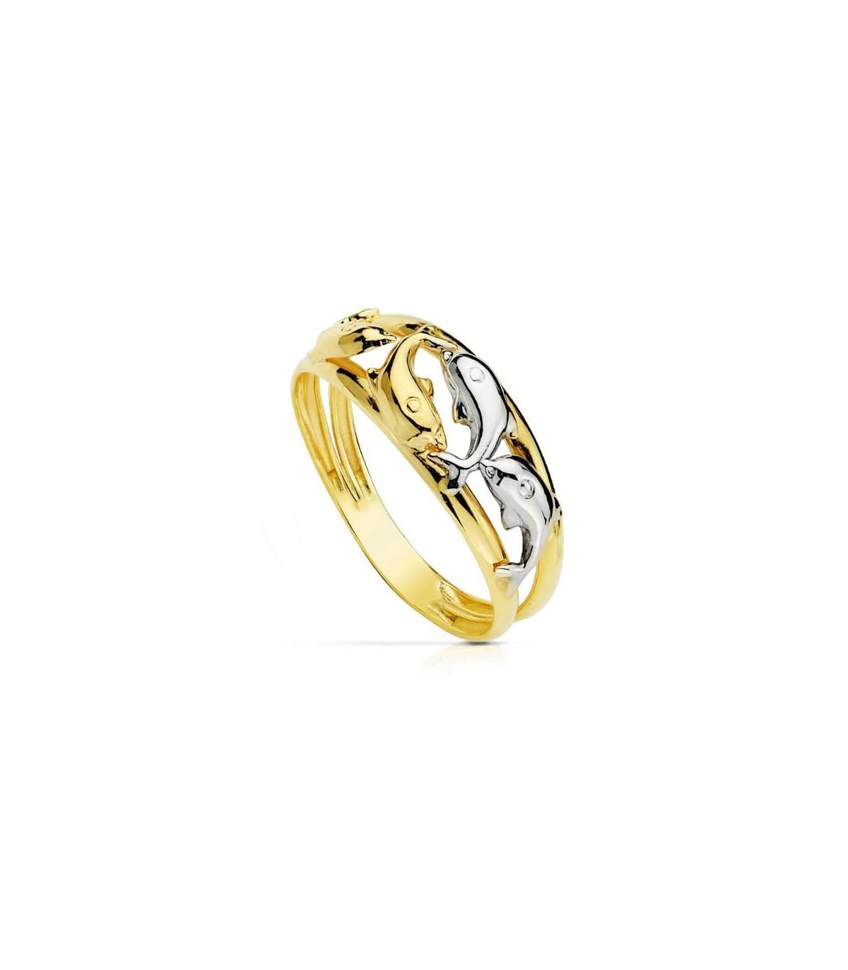 Anillo delfines en oro bicolor, modelo Gloria 18 kilates