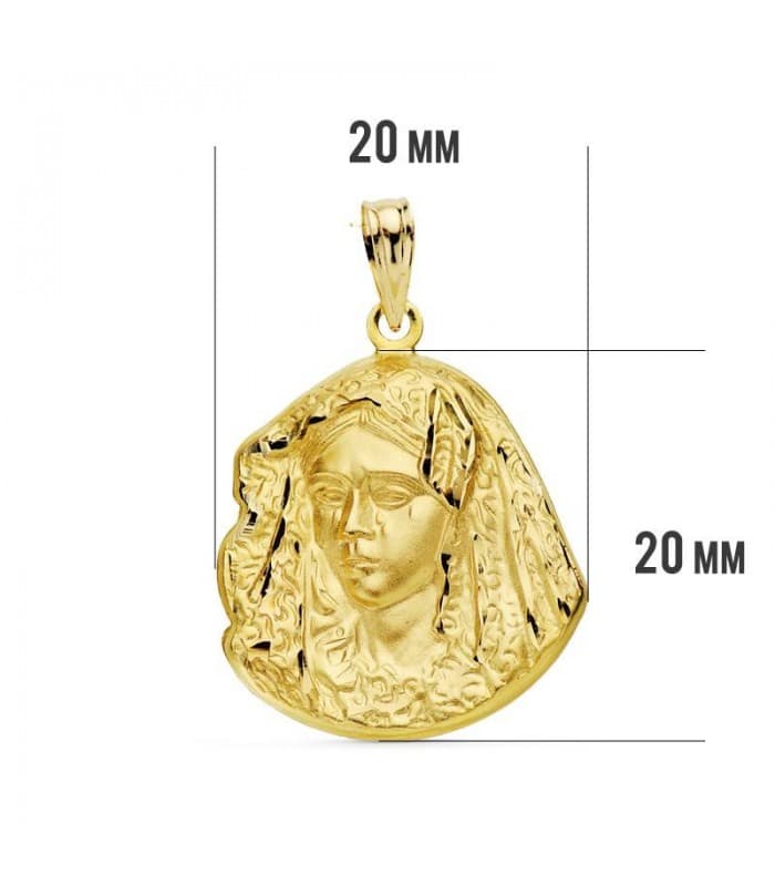 Medalla silueta Virgen Macarena matizada 18 Ktes 20mm