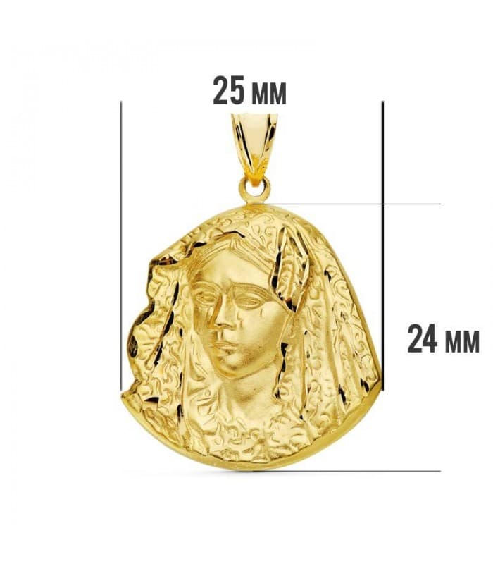 Medalla silueta Virgen Macarena matizada 18 Ktes 25mm
