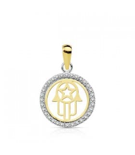 Fatimas Hand, Hamsa-Anhänger Kreis, Ø 13 mm, 18K Gold, Zirkoniasteinen, glanz – Schutzsymbol