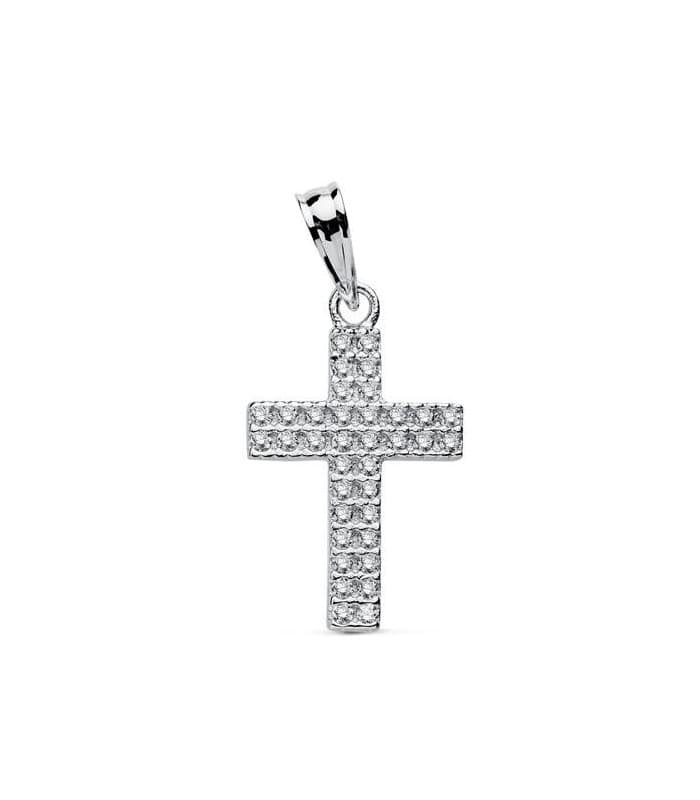 Pendentif croix 18 K 20 mm, double rangée de zircones blanches taille brillant