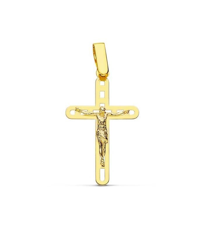 Cruz Cristo calada 24 mm, ovalada y plana | Cruces de oro bautizo o Comunión