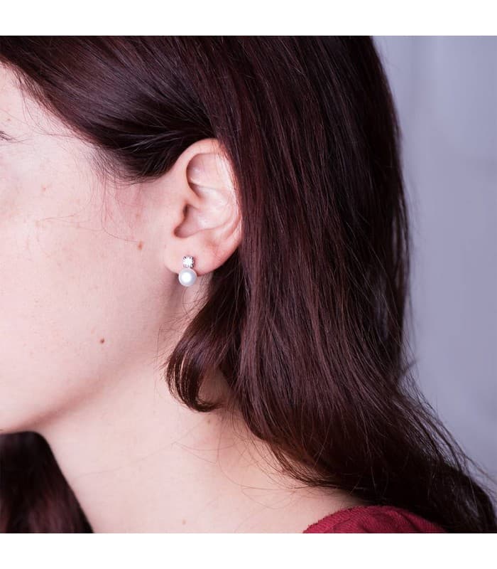 Ohrstecker Weißgold mit Perlen und Zirkonia, elegant, poliert, 12 mm | Perlenohrringe Gold 18K