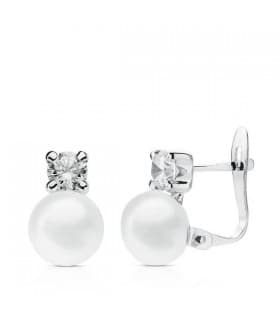 Orecchini in oro bianco 18 kt con perle e zirconi, modello Cris per donna e ragazza, con chiusura a scatto.