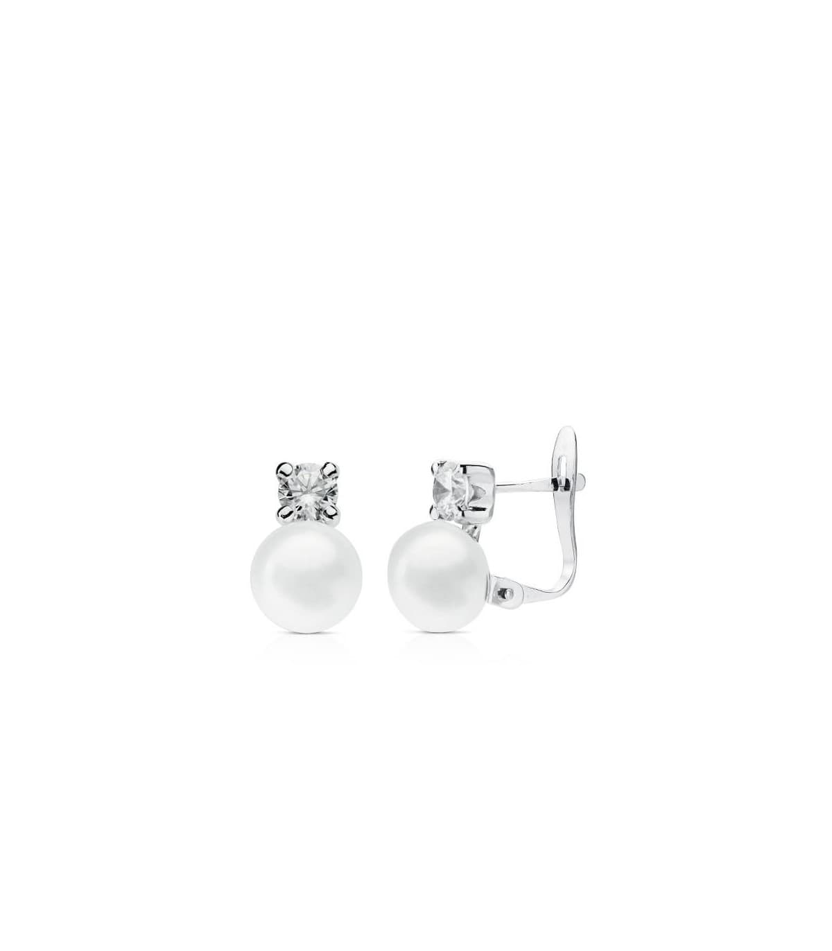 Ohrstecker Weißgold mit Perlen und Zirkonia, elegant, poliert, 12 mm | Perlenohrringe Gold 18K
