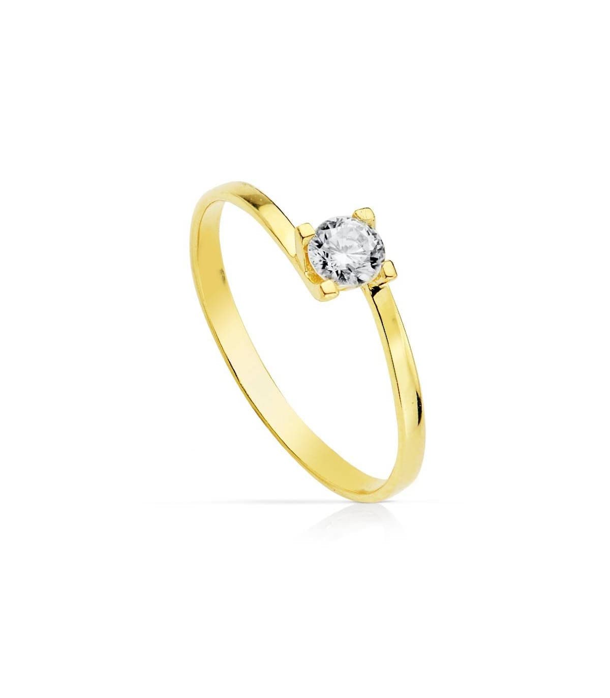 Solitario Olivia oro giallo 18 Kt, anello incrociato con zircone 4 griffe.