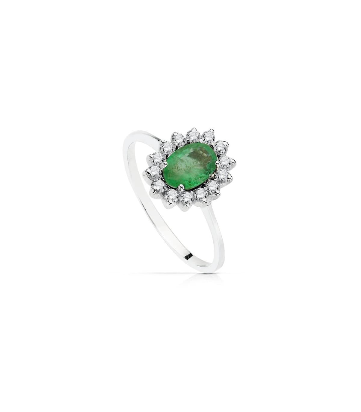 Anillo de compromiso tipo Halo con Esmeralda y circonitas | Anillos de oro blanco para mujer
