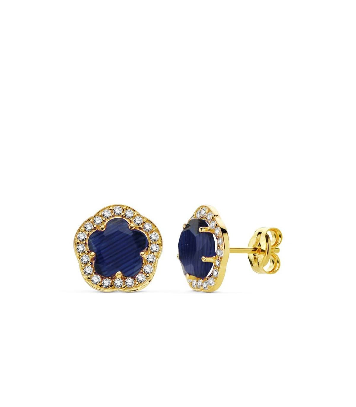 Orecchini in oro giallo Celia blu 18 Kt, orecchini da donna con pietre colorate, forma di fiore.