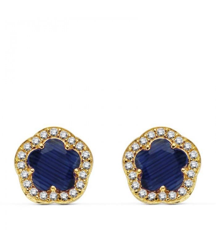 Orecchini in oro giallo Celia blu 18 Kt, orecchini da donna con pietre colorate, forma di fiore.