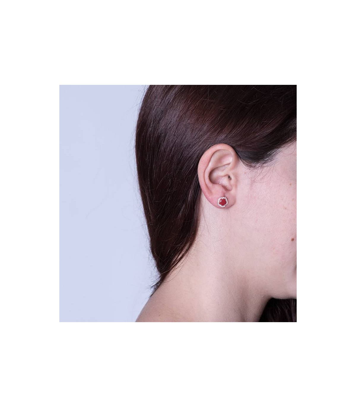 Ohrstecker Blumen, Zirkonia Rot - Ohrringe Damen Gold 18K