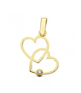 ciondolo a due cuori con punto luce zircone 17 mm, in oro giallo 750