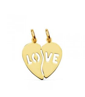 Ciondolo cuore spezzato LOVE con incisione in oro giallo 750, regalo coppie San Valentino