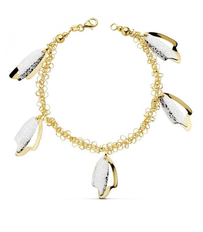 Pulsera oro bicolor 18k Hojas