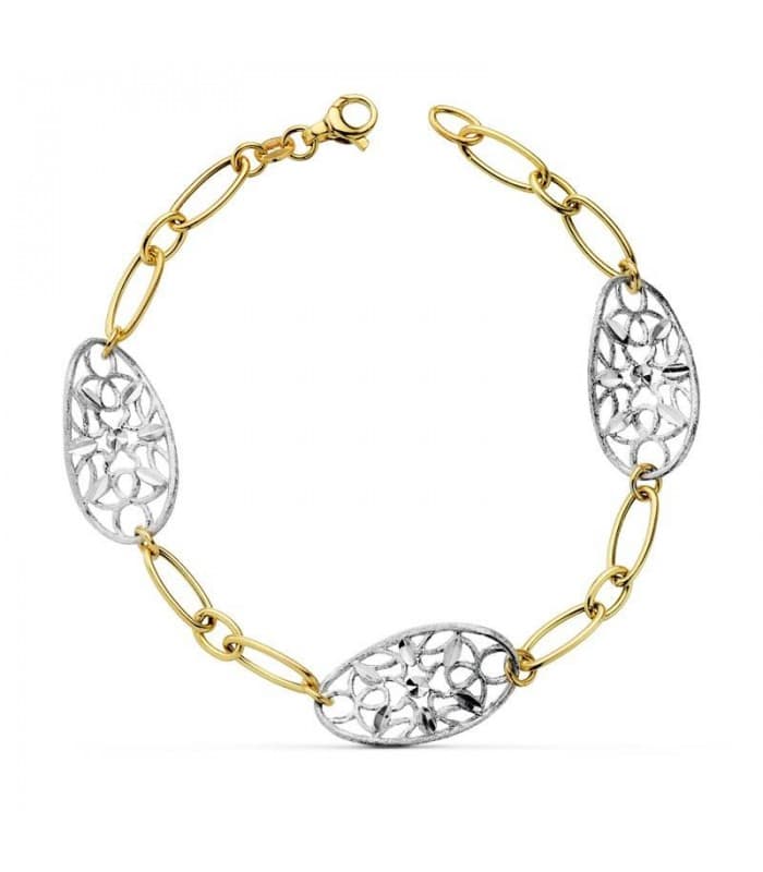 Pulsera oro bicolor 18k Hojas
