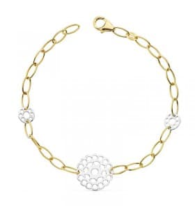 Pulsera oro bicolor 18k Eslabones y flores