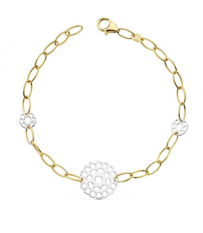 Pulsera oro bicolor 18k Eslabones y flores