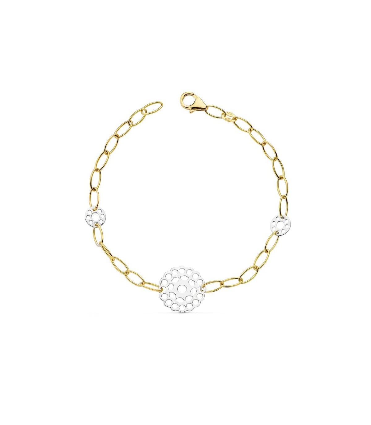 Pulsera oro bicolor 18k Eslabones y flores
