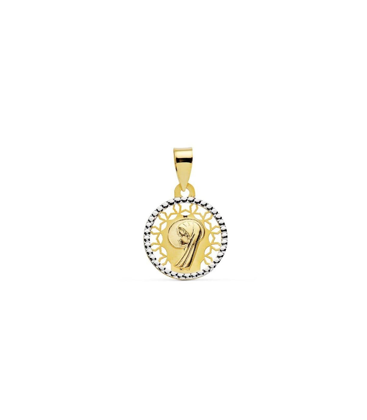Medalla Virgen Niña oro bicolor 18k redonda Regalo Comunión