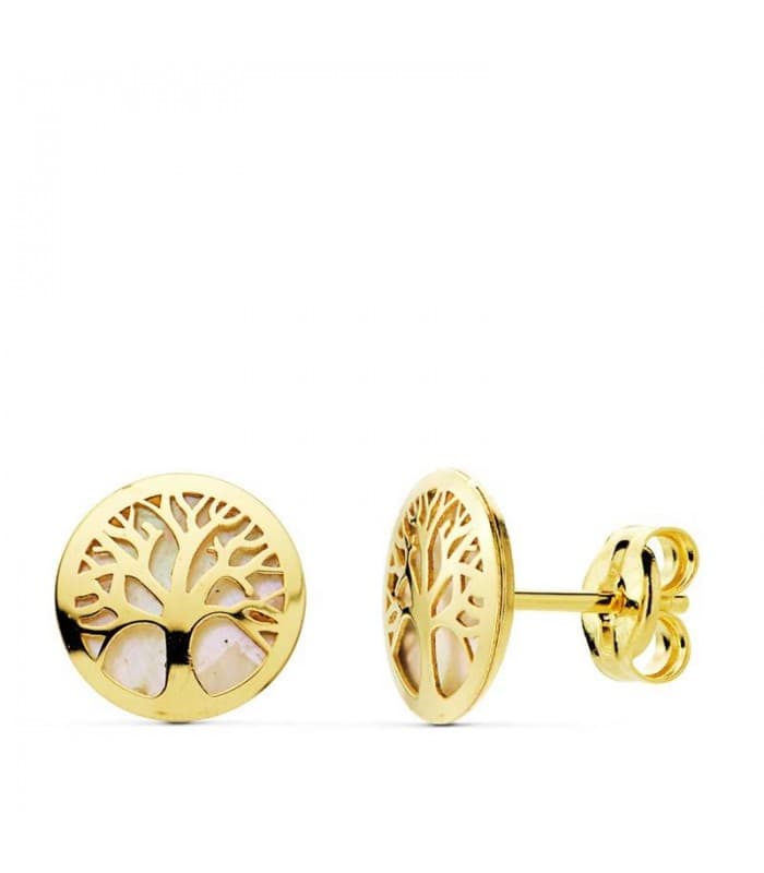 Orecchini Albero della vita con madreperla, simbolo portafortuna | Orecchini a lobo da donna oro giallo 18kt