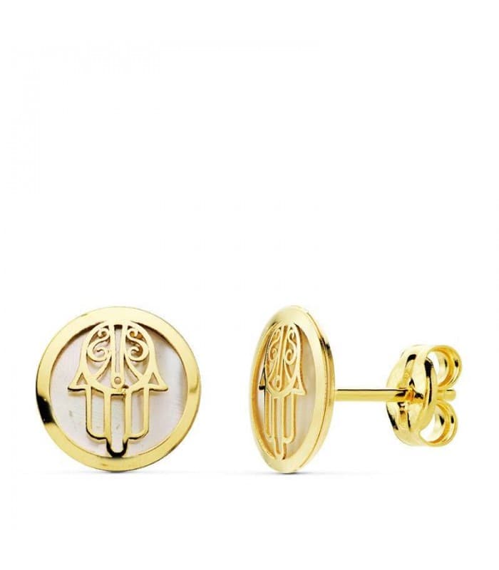 Hamsa Ohrstecker | Fatima-Hand Ohrringe Perlmutt aus 750 Gold 18809