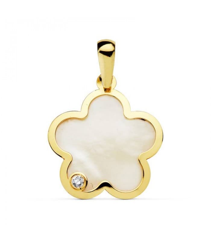 Colgante oro amarillo 18k flor de nácar circonita, regalo día de la madre