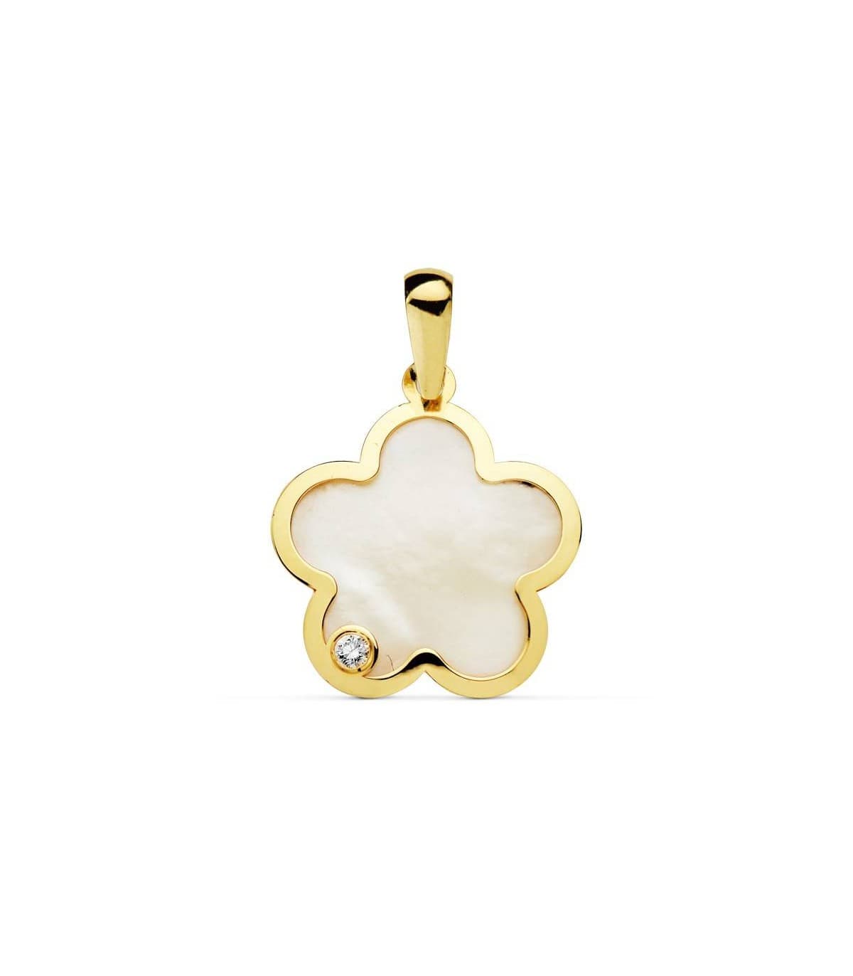 Colgante oro amarillo 18k flor de nácar circonita, regalo día de la madre