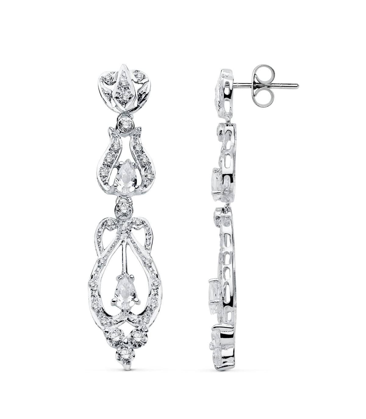 Boucles D'oreilles Or blanc 18K pendantes zircons. Cher