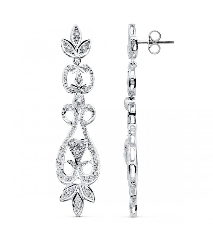 Pendientes Oro blanco 18 ktes largos y circonitas
