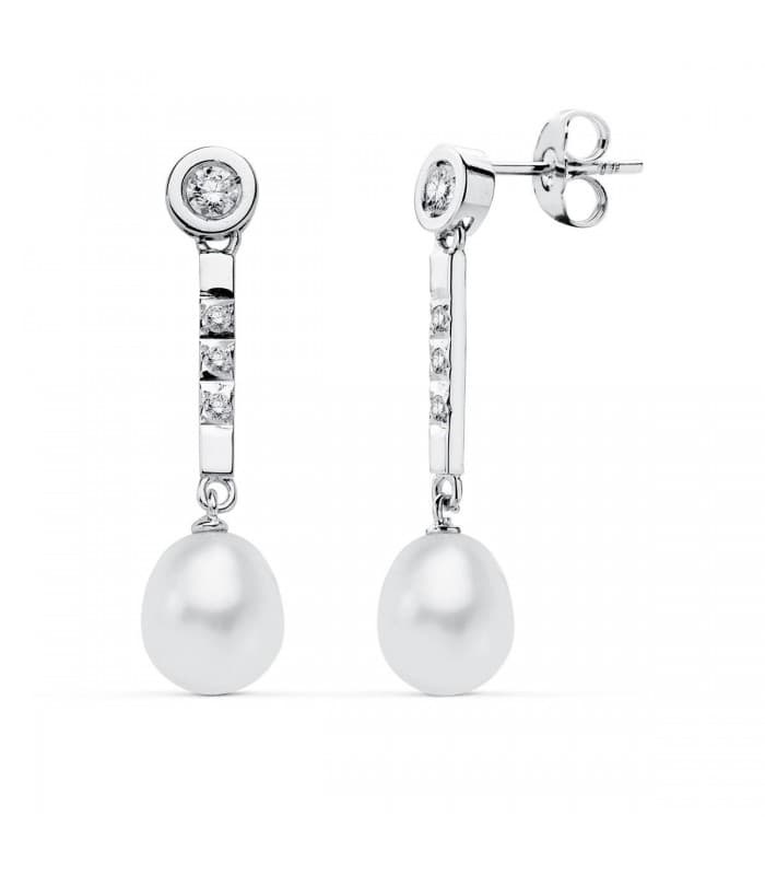 Pendientes Oro Blanco 18 ktes Largos Perlas