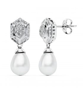 Pendientes Oro Blanco 18 ktes Largos Perlas