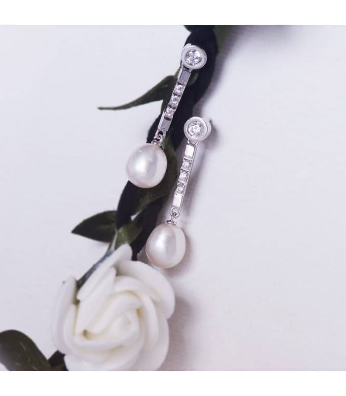 Pendientes Mujer Oro Blanco Largos Perlas Boda