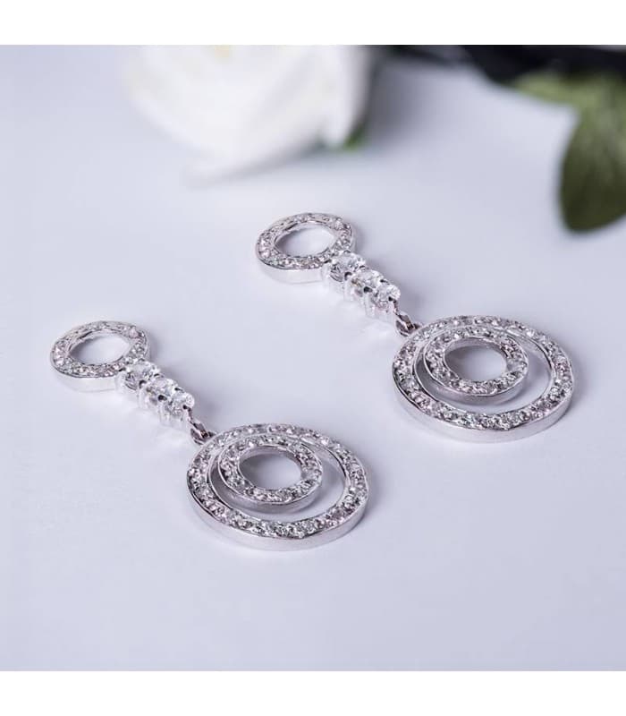 Pendientes boda boho Oro blanco 18 ktes largos circulos circonitas