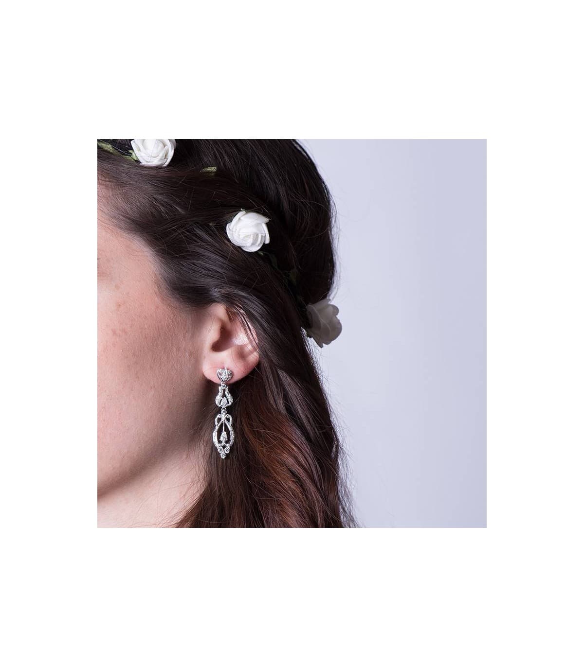 Pendientes Vintage de boda Oro blanco 18 kilates Adornos orgánicos tallados