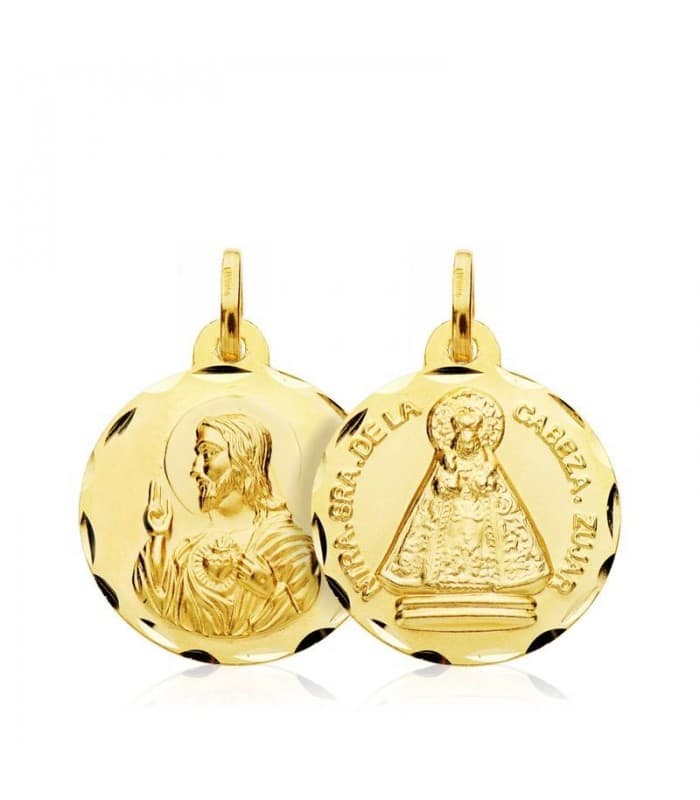 Scapulaire Vierge de la Cabeza et Sacré Coeur de Jésus 18 carats or jaune. Médaille religieuse