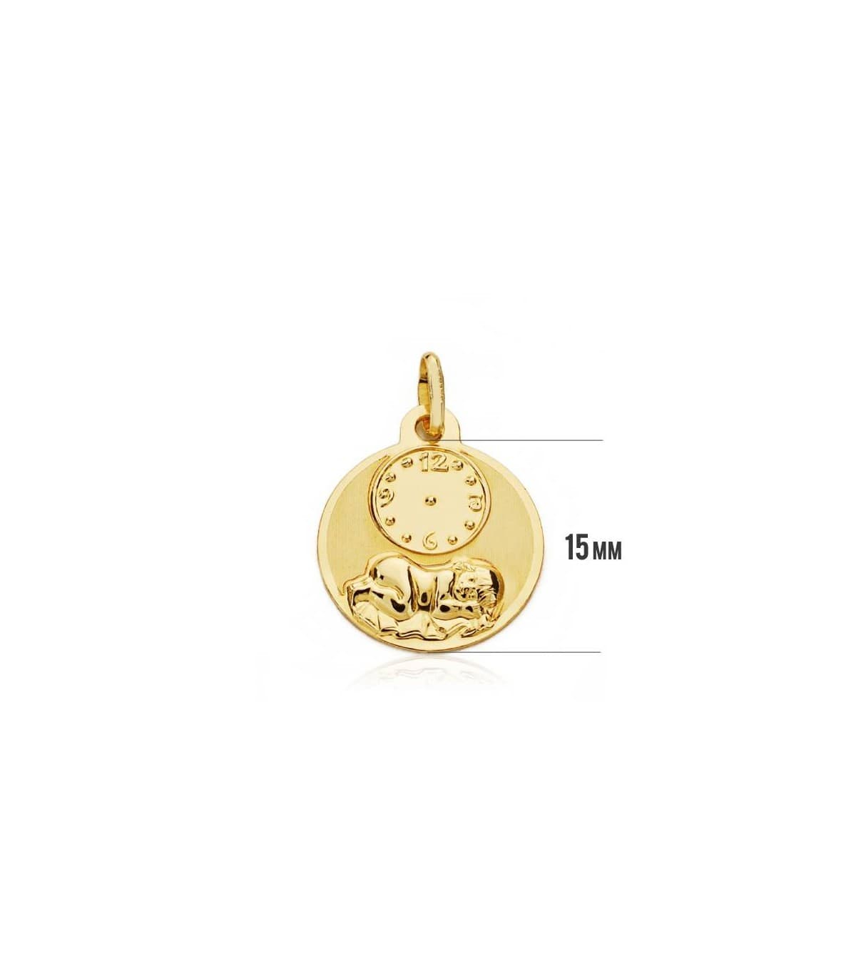 Medalla Niño y Reloj Redonda oro 18K 15mm
