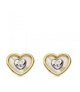 Pendientes Oro Bicolor 18 ktes Corazones Nácar